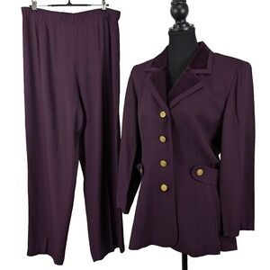 Vintage Virgo II Plum Purple 2-Piece Pant Suit Velvet Trim Gold Buttons